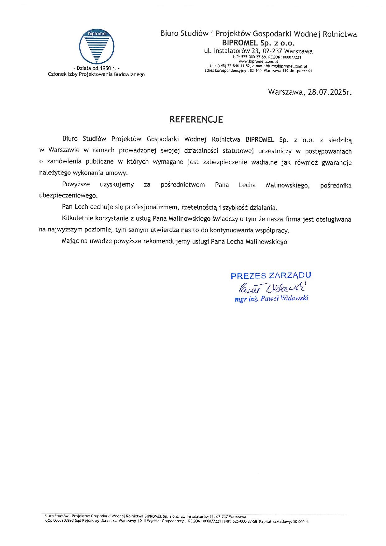 Skan referencji - gwarancje ubezpieczeniowe - BIPROMEL Sp. z o.o.